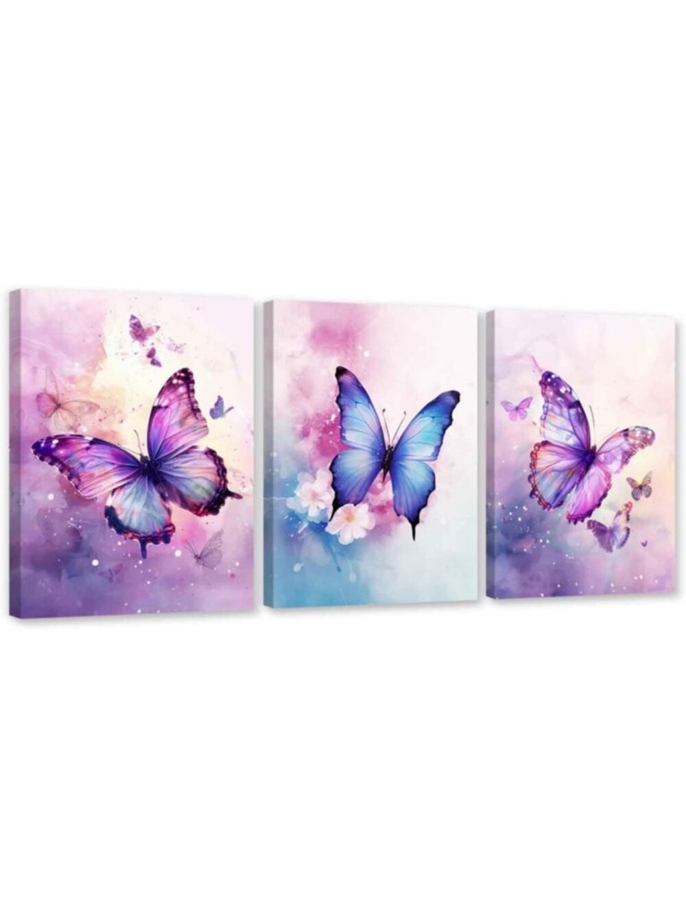 3-Piece Purple Butterfly Canvas Wall Art Set - Watercolor Decor for Girls' Room